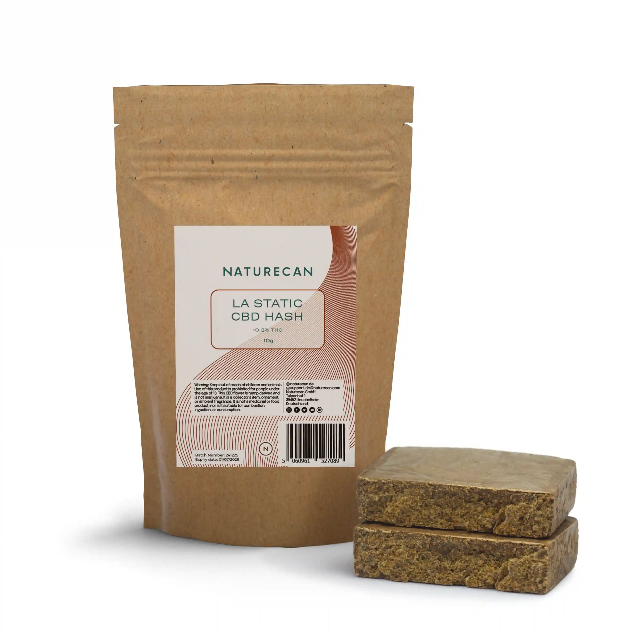 Naturecan LA Static CBD Hash – kraft paper stand-up pouch with pink and coral label, LA Static CBD Hash less than 0.3% THC 10g, with two blocks of dark green-brown hash displayed beside it on white background