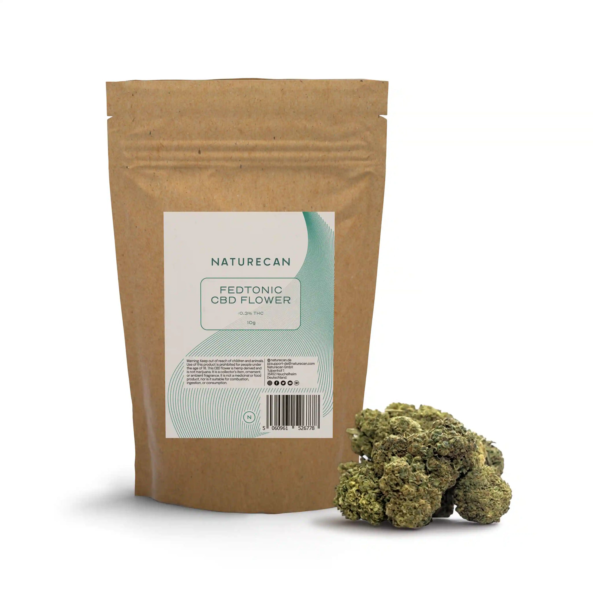 Naturecan Fedtonic CBD Flower – kraft paper resealable pouch 10g, 0.3% THC, with two dense green CBD flower buds beside it on white background