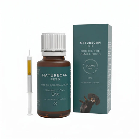 Naturecan Pets CBD oil for small dogs with bottle and packaging on a white background