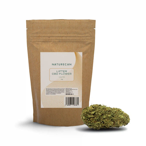 Naturecan Lifter CBD Flower – kraft paper resealable pouch 10g, 0.3% THC, with dense light green CBD flower bud beside it on white background