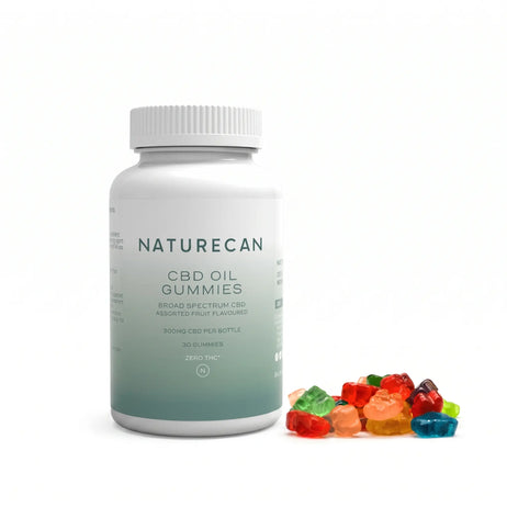 Naturecan CBD oil gummies bottle with colorful gummies on a white background