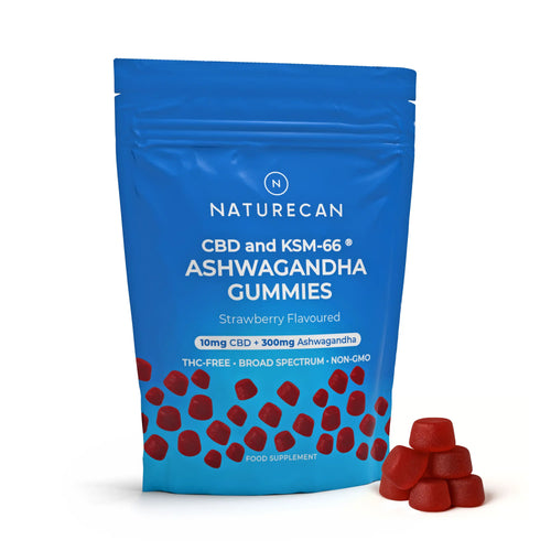 Naturecan CBD and KSM-66 Ashwagandha Gummies – blue resealable pouch, Strawberry Flavoured, 10mg CBD + 300mg Ashwagandha per gummy, THC-Free, Broad Spectrum, Non-GMO, with red gummies beside it