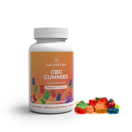 Naturecan CBG Gummies – white bottle with orange and peach label, Fruit Flavoured, 25mg CBG per gummy, THC-Free, Broad Spectrum, Non-GMO, food supplement, with colourful fruit-shaped gummy bears beside it