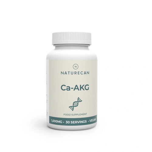 Naturecan Ca-AKG (Calcium Alpha-Ketoglutarate) Supplement – white and cream bottle with teal label, Ca-AKG with DNA helix icon, food supplement, 1,000mg, 30 servings, vegan