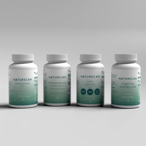 Naturecan Cellular Energy and Health Bundle – four supplement bottles on white background: Spermidine 5mg, CoQ10 Kaneka Ubiquinol, NMN capsules, and Fisetin Capsules