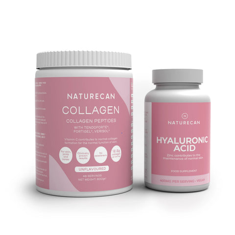 Naturecan Beauty Bundle – two products on white background: Collagen Peptides tub (with TendoForte, FortiGel, Verisol, Unflavoured, 600g, 12.5g collagen per serving, for skin joints and bones) and Hyaluronic Acid bottle (400mg per serving, vegan, zinc for normal skin)