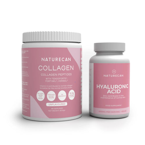 Naturecan Beauty Bundle – two products on white background: Collagen Peptides tub (with TendoForte, FortiGel, Verisol, Unflavoured, 600g, 12.5g collagen per serving, for skin joints and bones) and Hyaluronic Acid bottle (400mg per serving, vegan, zinc for normal skin)