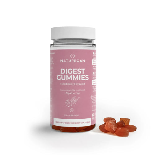 Jar of Naturecan Digest Gummies with gummies on a white background
