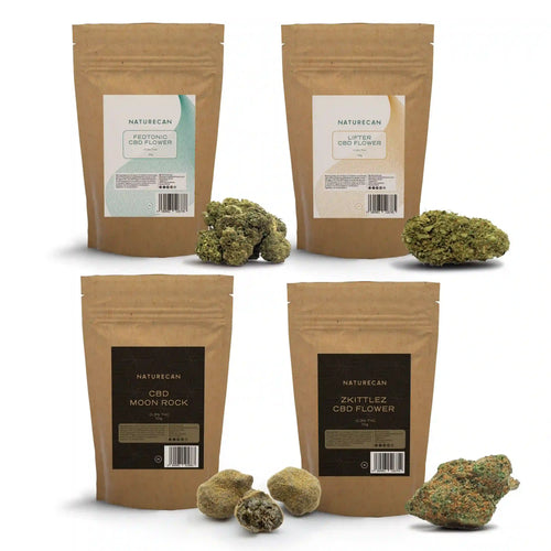Naturecan CBD Flower Discovery Bundle – four kraft paper pouches: Fedtonic CBD Flower, Lifter CBD Flower, CBD Moon Rock, and Zkittlez CBD Flower, each with corresponding flower buds and moon rocks beside them