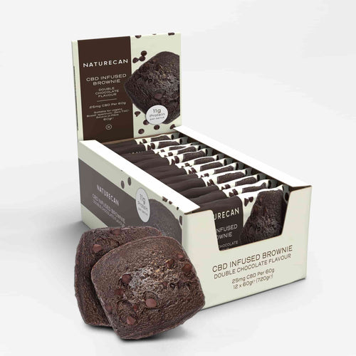 Naturecan CBD Infused Double Chocolate Brownie box of 12 – 12 x 60g individually wrapped brownies, 25mg CBD each, 11g protein per serve, vegan, zero THC