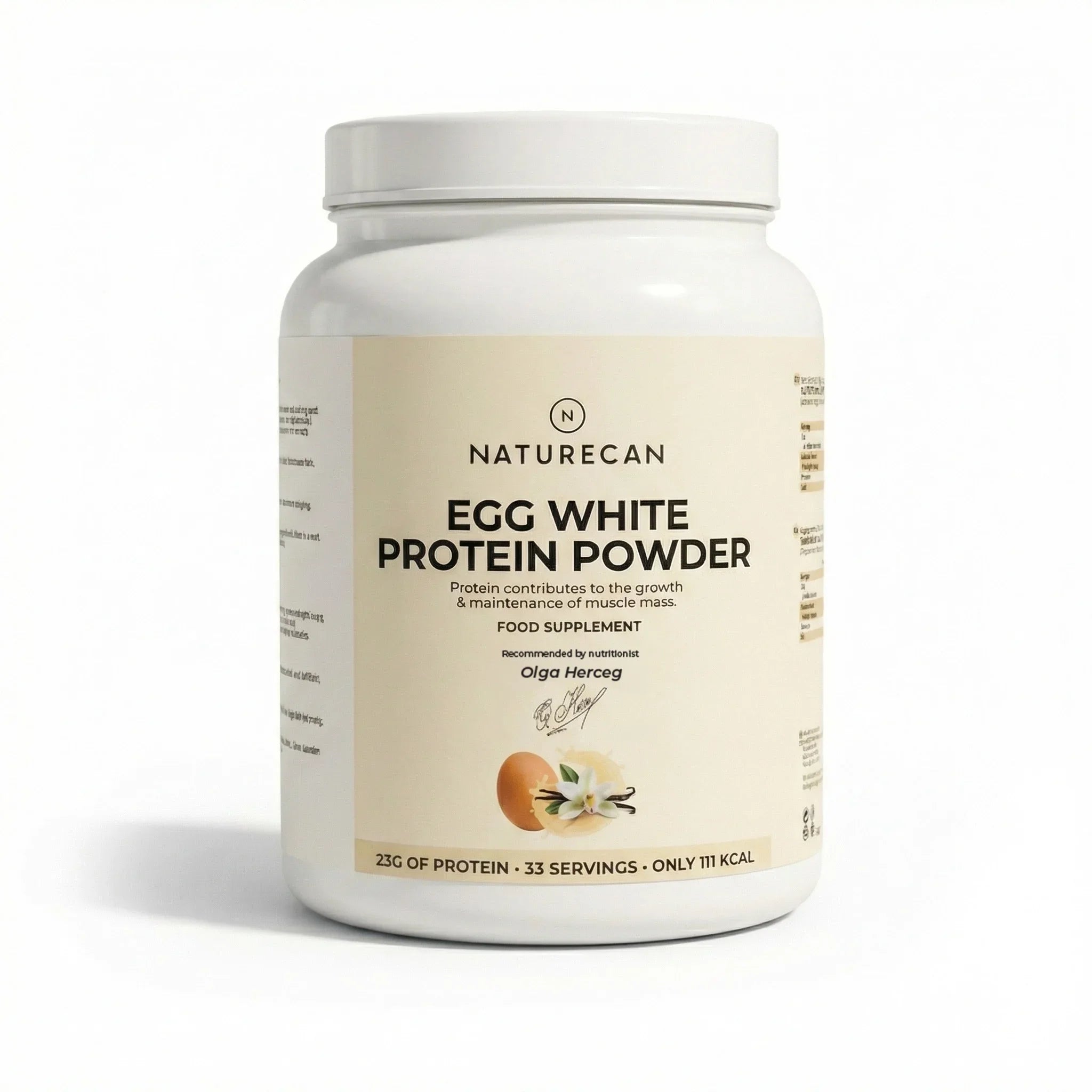 Naturecan Egg White Protein Powder – large white tub with cream and vanilla label; protein contributes to growth and maintenance of muscle mass; recommended by nutritionist Olga Herceg; 23g of protein, 33 servings, only 111 kcal; egg and vanilla imagery