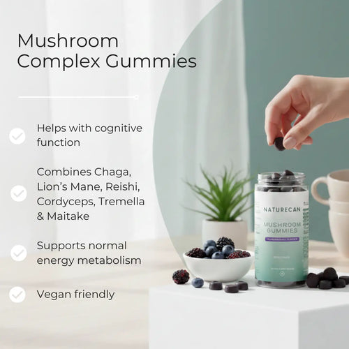 Naturecan Mushroom Complex Gummies infographic – bottle on counter beside blueberries and blackberries; benefits: helps with cognitive function, combines Chaga Lion's Mane Reishi Cordyceps Tremella and Maitake, supports normal energy metabolism, vegan friendly