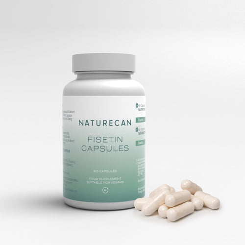 Naturecan Fisetin Capsules – white and teal bottle with 60 capsules spilled beside it, food supplement, suitable for vegans