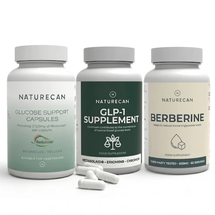 Three Naturecan supplement bottles on a white background