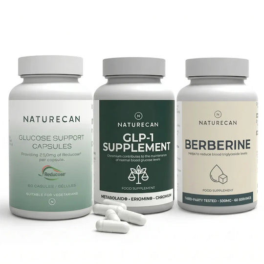 Three Naturecan supplement bottles on a white background