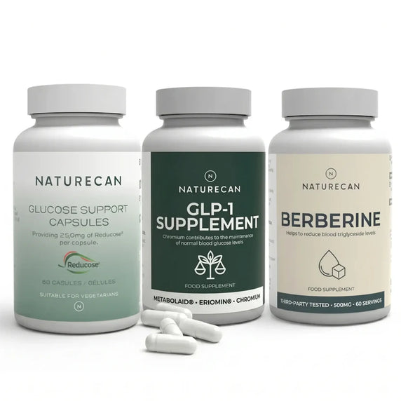 Three Naturecan supplement bottles on a white background