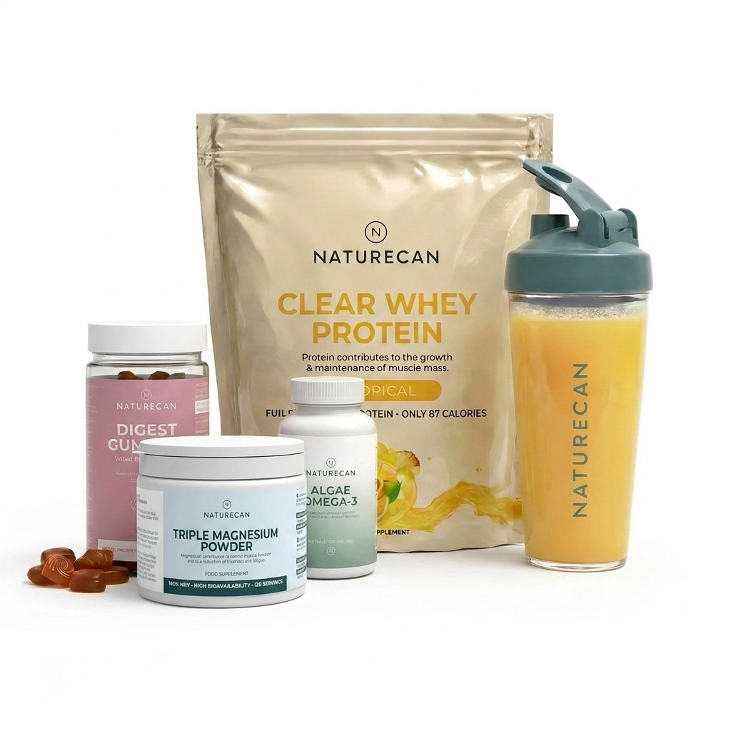 Naturecan health and wellness products including protein powder, gummies, powder, and shaker on a white background

