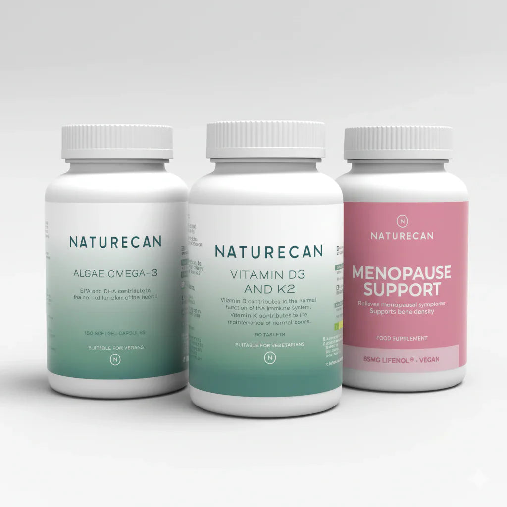 Naturecan Menopause Support Bundle – three product bottles on grey background: Algae Omega-3 (180 softgel capsules, vegan), Vitamin D3 and K2 (90 tablets, suitable for vegetarians), and Menopause Support (85mg Lifenol, vegan, relieves menopausal symptoms, supports bone density)