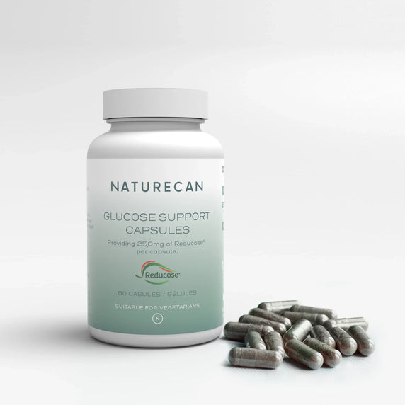 Naturecan Glucose Support Capsules – white bottle with teal label, 250mg Reducose per capsule, 60 capsules, suitable for vegetarians, with green capsules spilled beside it