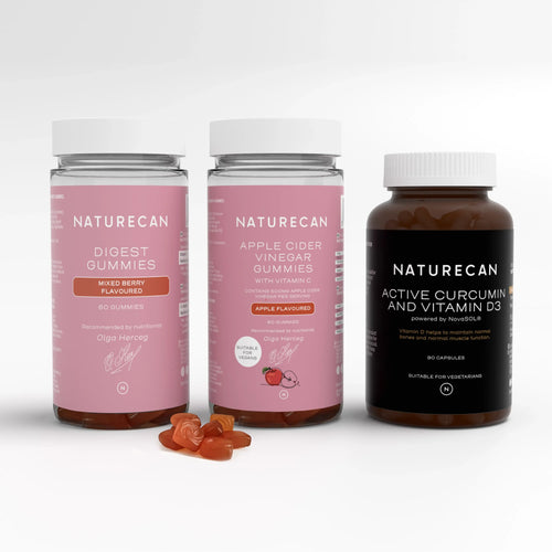 Naturecan Gut Health Bundle – three supplement products: Digest Gummies in Mixed Berry flavour, Apple Cider Vinegar Gummies with Vitamin C in Apple flavour, and Active Curcumin and Vitamin D3 capsules