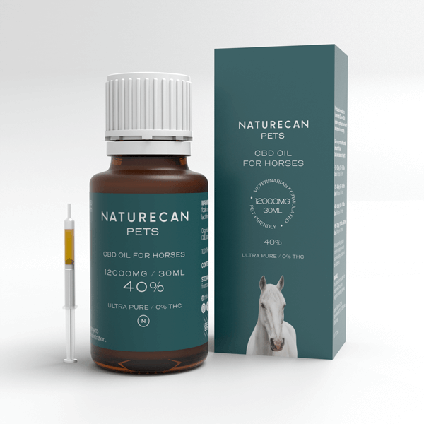 Naturecan Pets CBD Oil 40% 30ml – brown dropper bottle with teal box and horse illustration, CBD supplement for horses