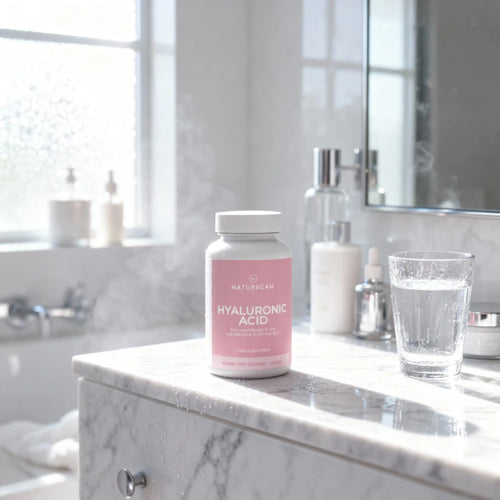 Naturecan Hyaluronic Acid Capsules on marble bathroom vanity – bottle beside glass of water with bright bathroom and mirror in background