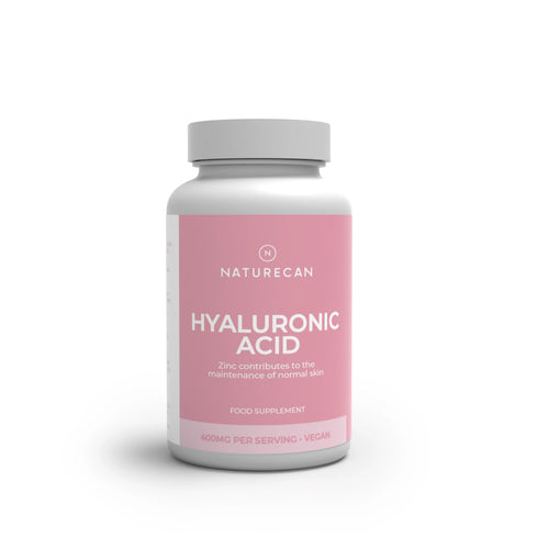 Naturecan Hyaluronic Acid Capsules – white bottle with pink label, 400mg per serving, vegan, zinc contributes to maintenance of normal skin, food supplement