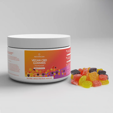 Naturecan Vegan CBD Gummies tub – white container with colourful fruit gummy label and assorted fruit-flavoured CBD gummies