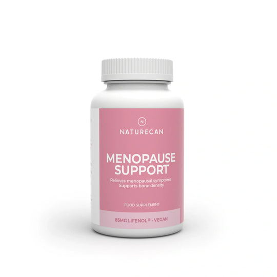 Naturecan Menopause Support capsules – white bottle with pink label, relieves menopausal symptoms and supports bone density, food supplement, 85mg Lifenol, vegan