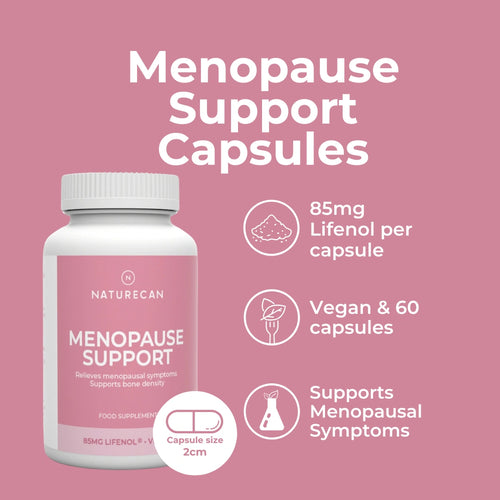 Naturecan Menopause Support Capsules product highlights infographic – pink background showing bottle with callouts: 85mg Lifenol per capsule, vegan and 60 capsules, supports menopausal symptoms, capsule size 2cm