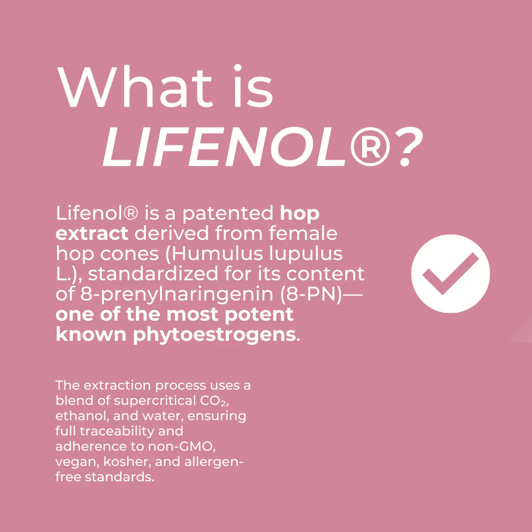 What is Lifenol? infographic – pink background explaining Lifenol is a patented hop extract from female hop cones (Humulus lupulus L.) standardised for 8-prenylnaringenin (8-PN), one of the most potent known phytoestrogens; extraction uses supercritical CO2 ethanol and water; non-GMO vegan kosher allergen-free