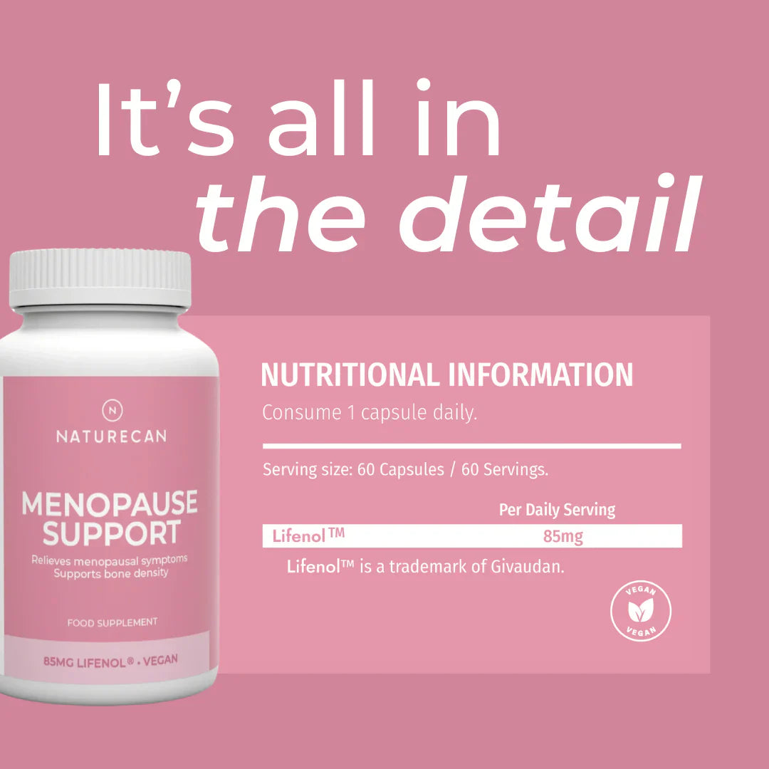 Menopause Support Capsules nutritional information infographic – pink background showing 60 capsules per 60 servings (1 capsule daily), Lifenol 85mg per daily serving (trademark of Givaudan); vegan