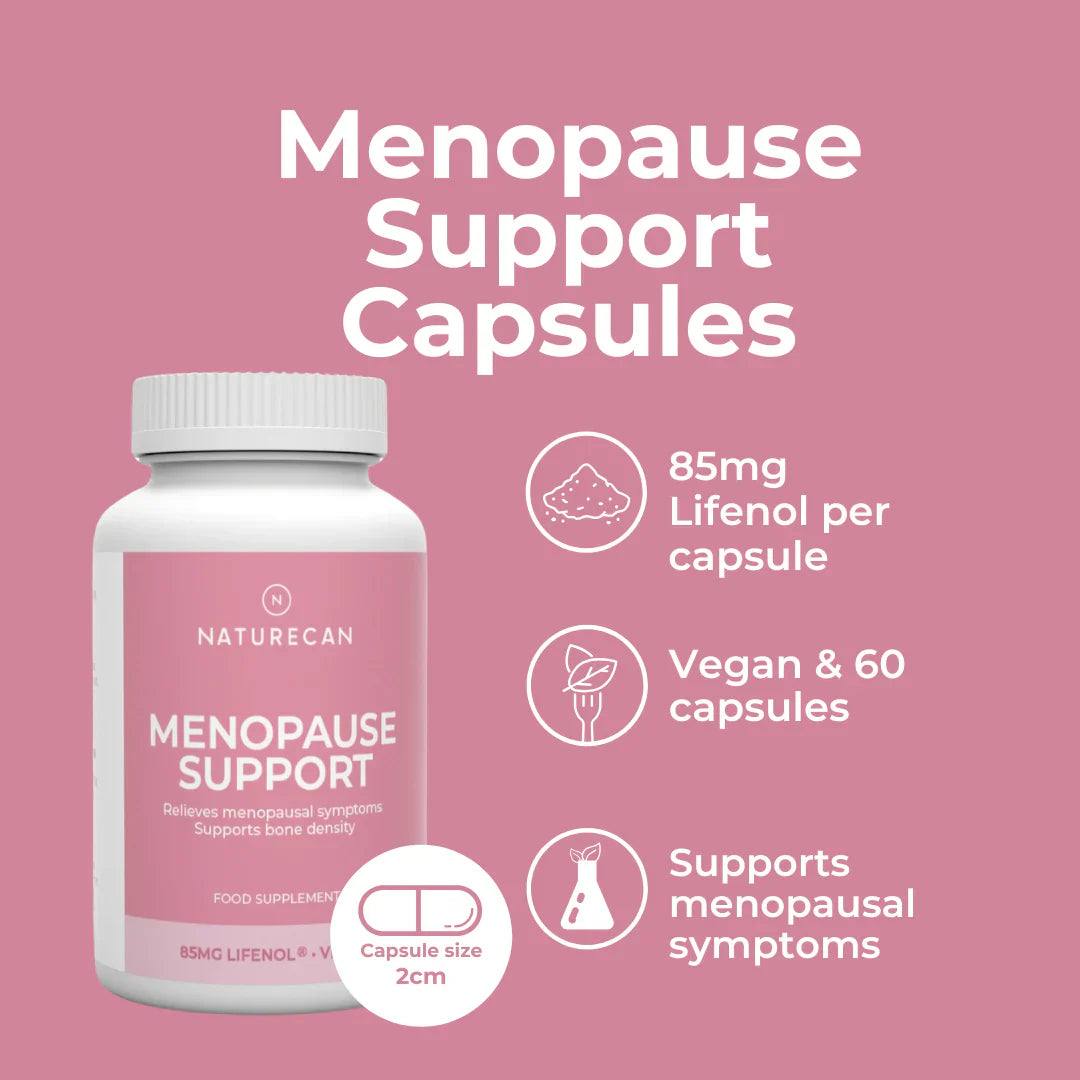Naturecan Menopause Support Capsules product highlights infographic – pink background showing bottle with callouts: 85mg Lifenol per capsule, vegan and 60 capsules, supports menopausal symptoms, capsule size 2cm