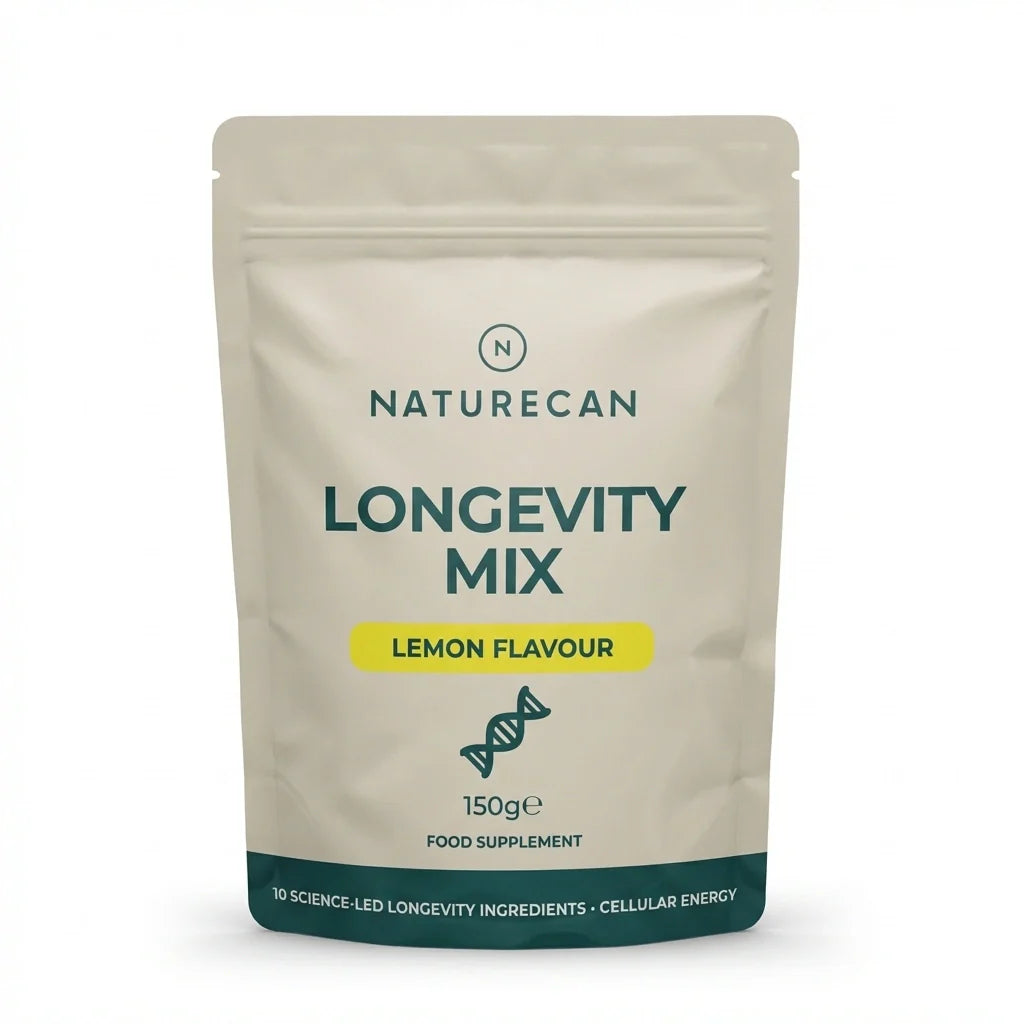 Naturecan Longevity Mix Lemon Flavour – beige kraft-style stand-up pouch with teal label; Longevity Mix Lemon Flavour, DNA helix icon, 150g, food supplement; 10 science-led longevity ingredients, cellular energy