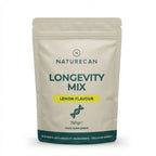 Naturecan Longevity Mix Lemon Flavour – beige kraft-style stand-up pouch with teal label; Longevity Mix Lemon Flavour, DNA helix icon, 150g, food supplement; 10 science-led longevity ingredients, cellular energy