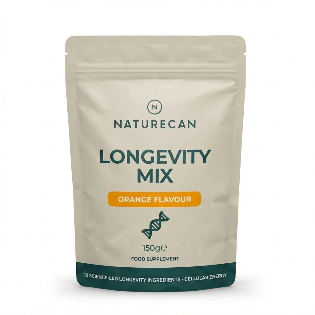 Naturecan Longevity Mix Orange Flavour – beige kraft-style stand-up pouch with teal label; Longevity Mix Orange Flavour, DNA helix icon, 150g food supplement; 10 science-led longevity ingredients, cellular energy