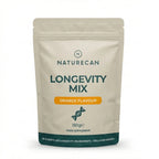 Naturecan Longevity Mix Orange Flavour – beige kraft-style stand-up pouch with teal label; Longevity Mix Orange Flavour, DNA helix icon, 150g food supplement; 10 science-led longevity ingredients, cellular energy