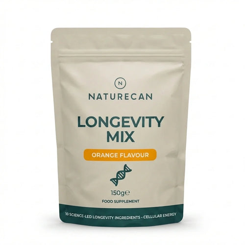 Naturecan Longevity Mix Orange Flavour – beige kraft-style stand-up pouch with teal label; Longevity Mix Orange Flavour, DNA helix icon, 150g food supplement; 10 science-led longevity ingredients, cellular energy