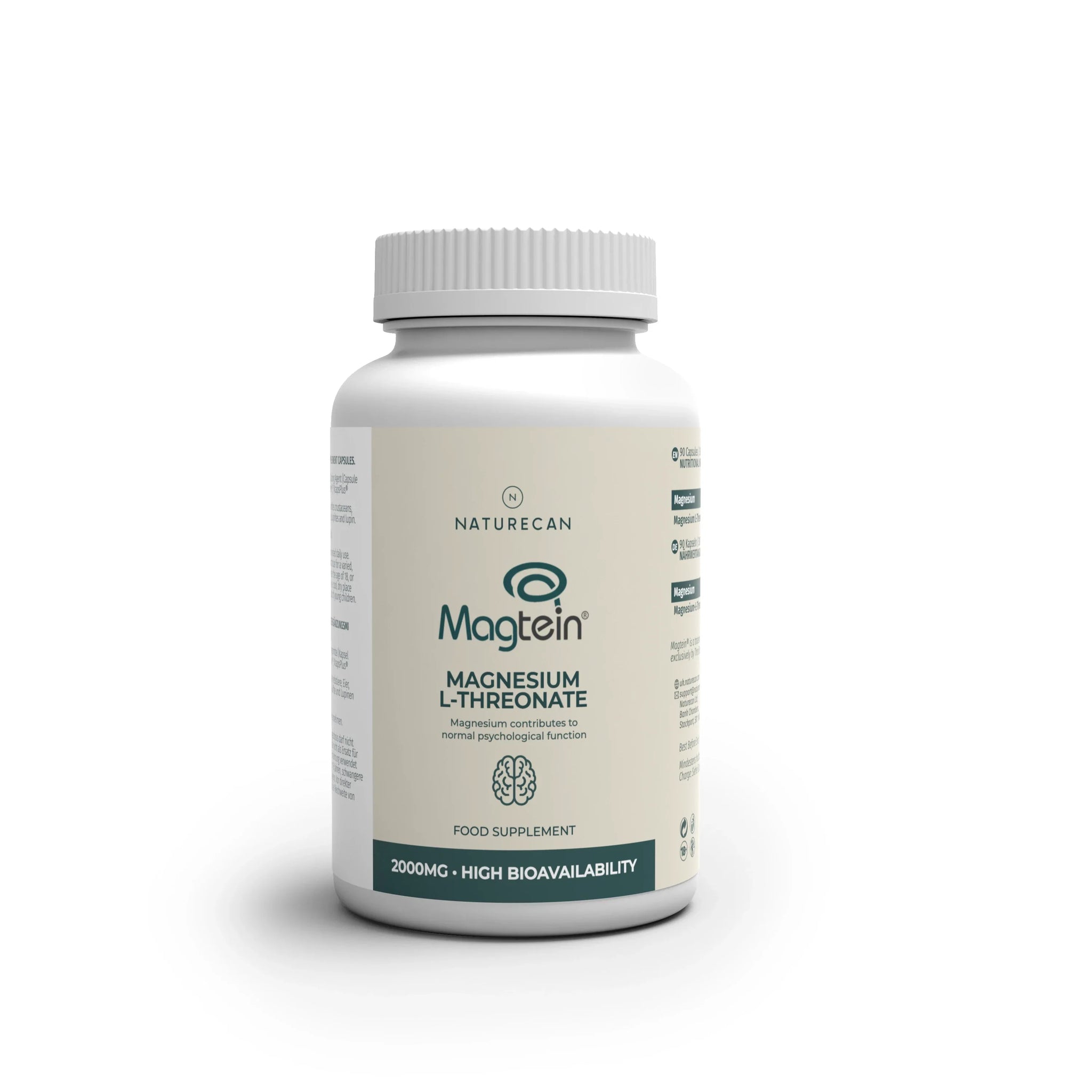 Naturecan Magtein Magnesium L-Threonate – white and cream bottle with teal label, Magtein brand, magnesium contributes to normal psychological function, brain icon, food supplement, 2000mg, high bioavailability