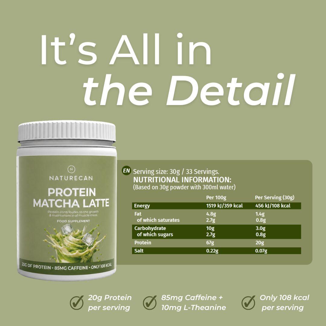 Naturecan Protein Matcha Latte supplement jar on a sage green background with large white text reading 'It's All in the Detail' and a nutrition information panel showing serving size and calories.