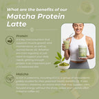 An informational graphic for Matcha Protein Latte on a muted green background. It includes text describing benefits of protein and matcha, a small bowl of green powder, a woman holding a drink and a jar, and decorative matcha leaf motifs.
