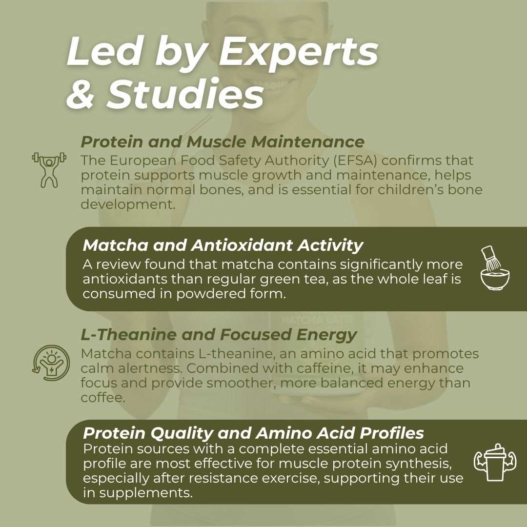 An infographic with a muted olive-green background and white text explaining benefits of matcha and protein, including protein and muscle maintenance, antioxidant activity, L-theanine and focused energy, and protein quality and amino acid profiles.