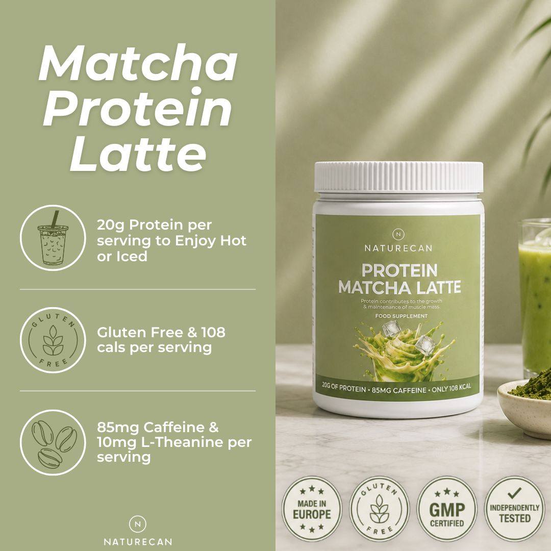 Naturecan Matcha Protein Latte tub on a marble surface with a glass of green drink and matcha powder bowl, alongside product info text on a sage green background.