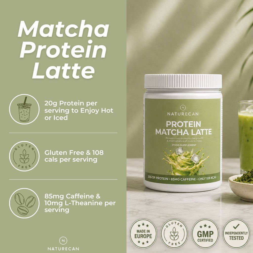 Naturecan Matcha Protein Latte tub on a marble surface with a glass of green drink and matcha powder bowl, alongside product info text on a sage green background.