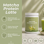 Naturecan Matcha Protein Latte tub on a marble surface with a glass of green drink and matcha powder bowl, alongside product info text on a sage green background.
