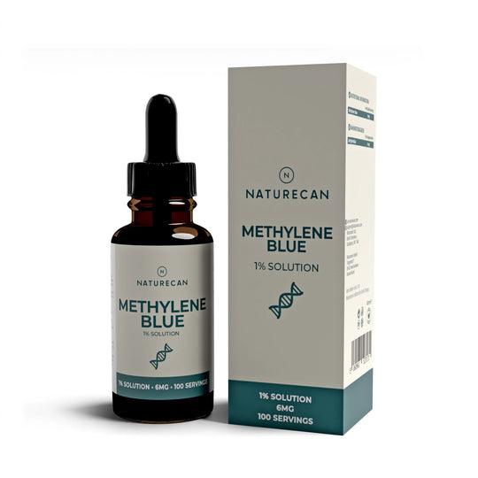Naturecan Methylene Blue – amber glass dropper bottle with grey and cream label alongside matching product box; Methylene Blue 1% Solution, DNA helix icon, 1% solution 6mg 100 servings