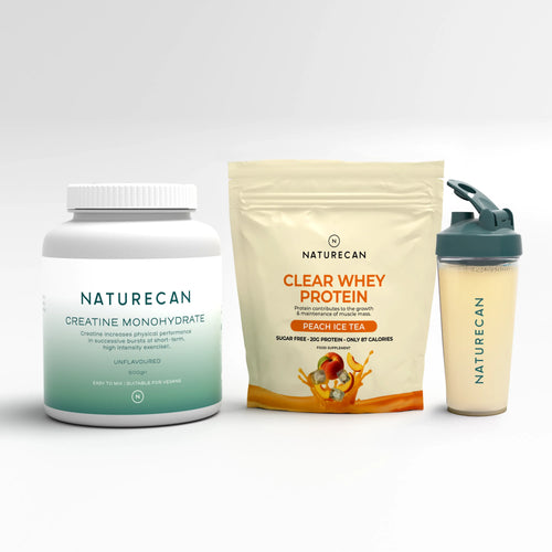Naturecan Muscle and Fitness Bundle – three items on white background: Creatine Monohydrate 500g tub (Unflavoured), Clear Whey Protein Peach Ice Tea pouch (sugar free, 20g protein, 87 kcal), and a teal Naturecan shaker bottle