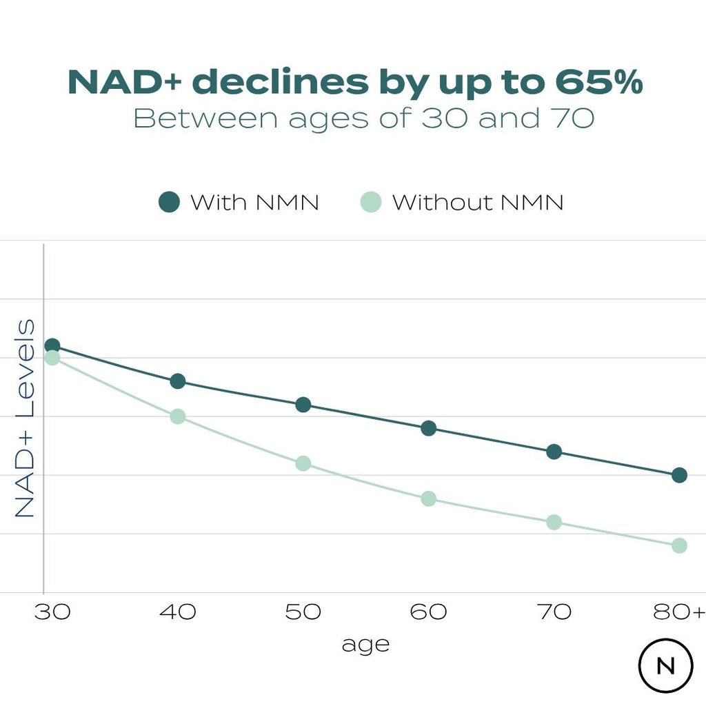 Graph showing NAD+ decline by up to 65% between ages 30 and 70, comparing levels with and without NMN.