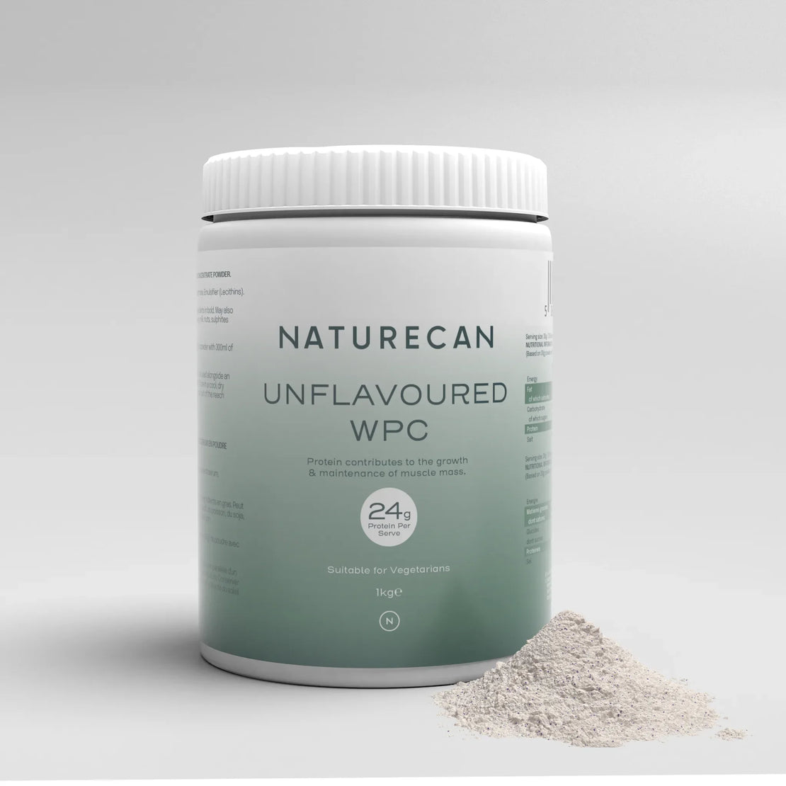 Naturecan Unflavoured WPC whey protein concentrate – white and teal bottle with protein powder, 24g protein per serve, suitable for vegetarians, 1kg