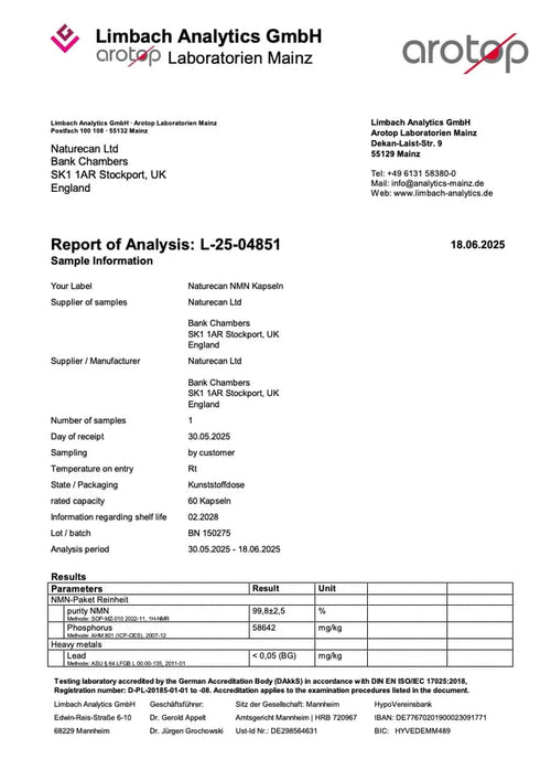 Naturecan NMN Powder third-party purity certificate page 1 of 3 – Arotop lab report project L-25-04851 for Naturecan NMN, confirming 99.8±2.5% purity via 1H-NMR and PULCON method